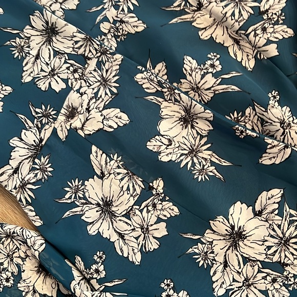 Ann Taylor - long, sheer sleeve, full skirt, lined teal colored floral dress. 4. - Picture 15 of 16